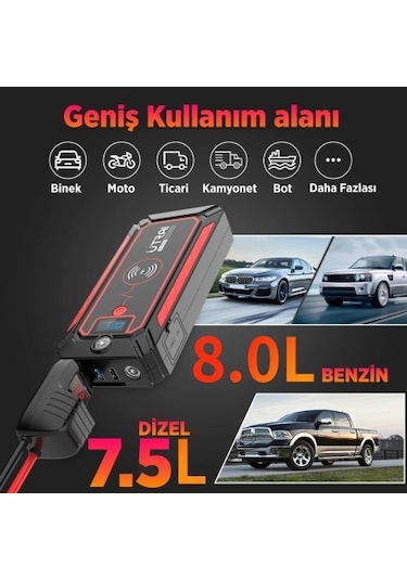 Utrai Jstar 4 24000mAh 2500A Jump Starter Taşınabilir Akü Takviye Cihazı (Kablosuz Şarj + Pusula + Çanta + Led Lamba + Powerbank)