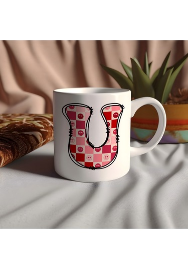 U Harfi Pembe Kareli Kalpli Göz Emojili Kupa Bardak Eğlenceli Kareli Tasarım Kahve Çay Kupası 07 Beyaz