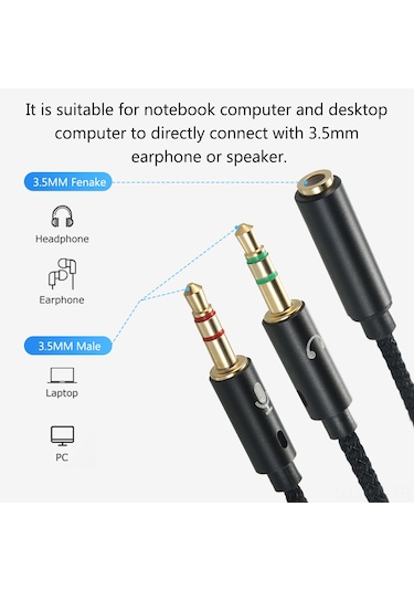 Hombey 25cm Gümüş Nylon Dokuma Ses Kablosu - İki 3.5mm Erkekden Tek 3.5mm Dişeye Çevirici