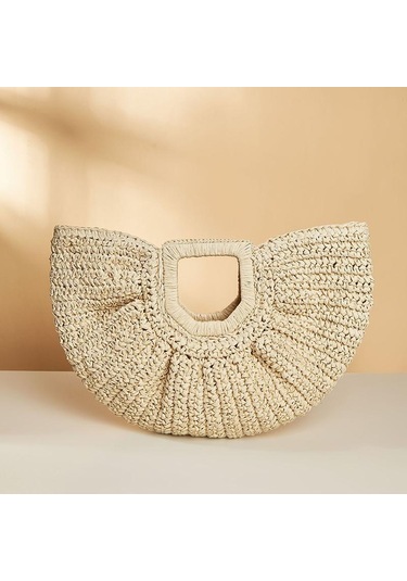 Bej Yogodlns Yaz Dokuma Saman Yarım Ay Büyük Kapasiteli Çanta Kadın Plaj Sepeti Moda Seyahat Alışveriş Tote Bej