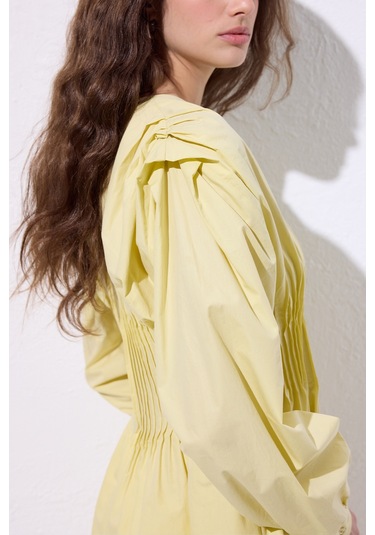 Beli Pile Detaylı Uzun Kol Bluz Sarı Sari