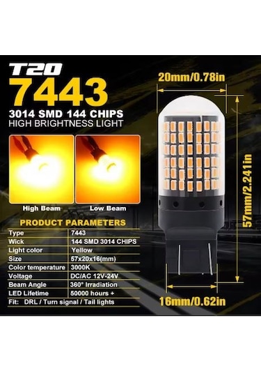 T20 Turuncu 7443 Canbus 144 Led Oto Gündüz Led Araba Sinyal Ampül 2 Adet 2 Adet