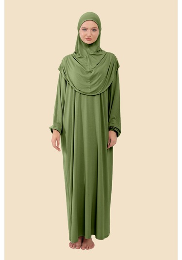 Tek Parça Tesettür Elbisesi Tak Çıkar Başörtülü Organik Pamuklu Lastikli Kolu Kaymaz Penye Kumaş Açık Haki