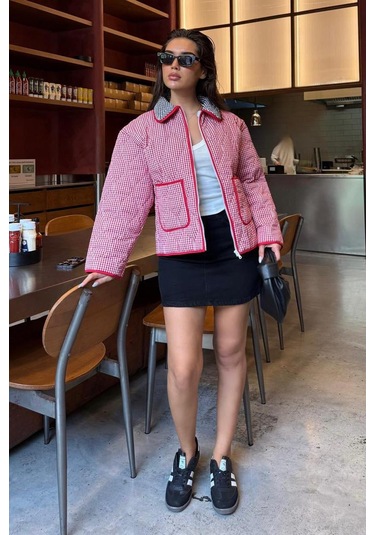 Kırmızı Pötikareli Cepli Kadın Mont Mg2488 Kırmızı