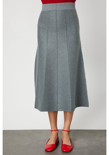 On Kadın Pileli Midi Triko Etek 65210 Gri Gri