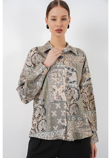 Bigdart Kadın Oversize Desenli Saten Gömlek 20365 - Çağla