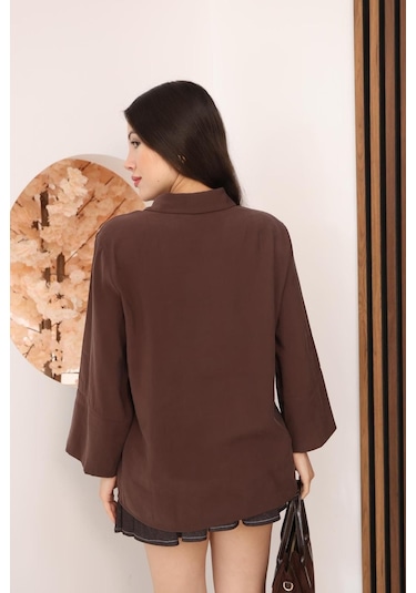 Kadın Slim Fit Dar Kesim Vücuda Oturan Uzun Kollu Kahve Gömlek Kahverengi