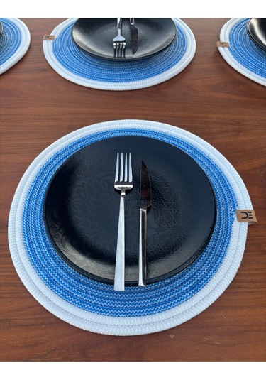 6 Lı Yuvarlak Supla Takımı Kolay Temizlenebilir, Modern Sofralar İçin Mavi - Beyaz