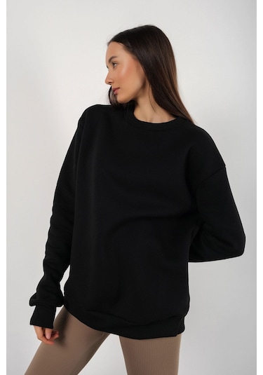Modagen Kadın Siyah Focus Sırt Baskılı Bisiklet Yaka Oversize Sweatshirt Siyah