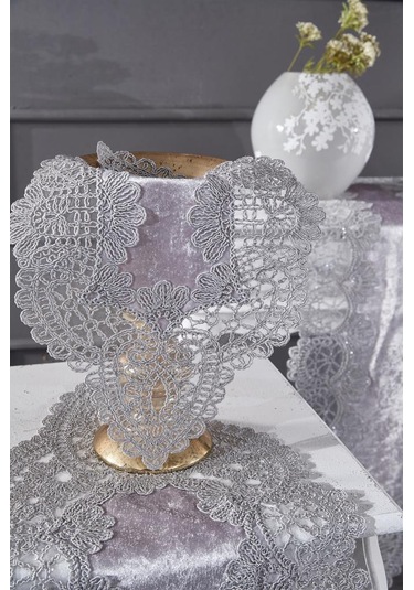 Fransız Güpürlü Kadife Luna Salon Takımı 5 Parça Gri Gri