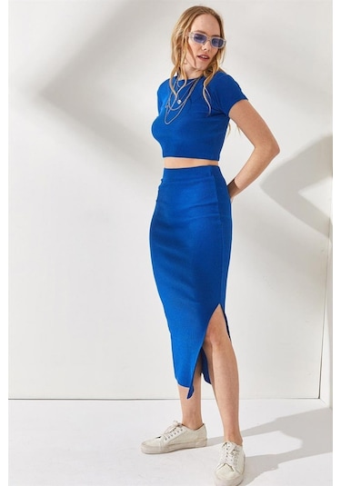 Kadın Saks Mavisi Yazlık Yırtmaçlı Esnek Etek Crop Takım