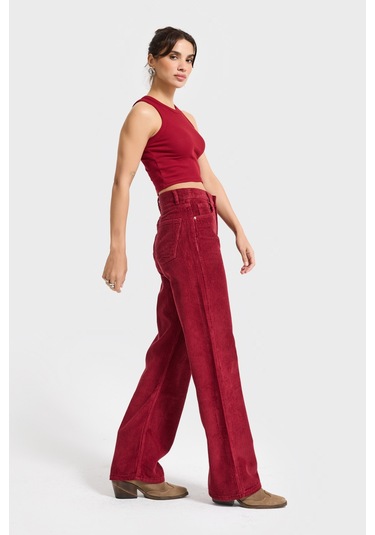 Itsbasic Kadın Bordo Renk Doris 26w5-35 Straight Fit Yüksek Bel Kalın Fitilli Velvet Kadife Kumaş Pantolon