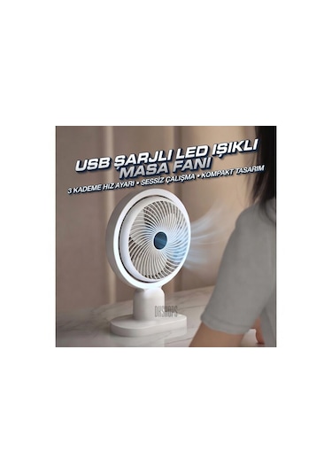 Usb Şarjlı Lambalı Masaüstü Mini Fan 3 Kademeli Hız Ayarlı 180 Derece Vantilatör