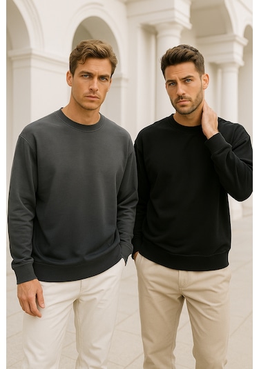 Rich Erkek 2'li Paket Siyah - Antrasit Bisiklet Yaka Scuba Basic Sweatshirt Siyah