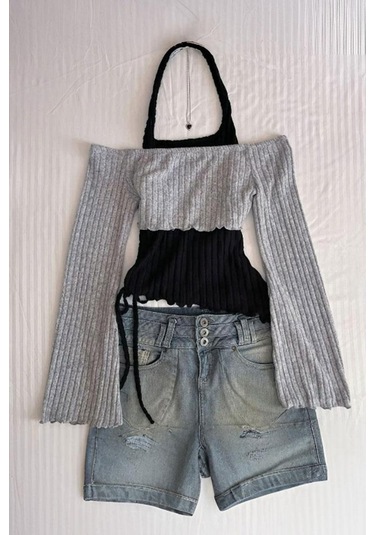 Gri Boyundan Bağlamalı Omuz Açık Y2k Uzun Kollu Crop-18329 Gri