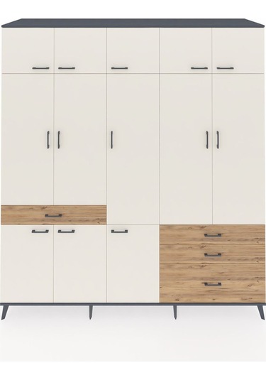 Kronos Dolap 8 Raflı 4 Çekmeceli 3 Askılı 220x59x243 Antrasit-aytaşı/çam Aytası/atlas Çam