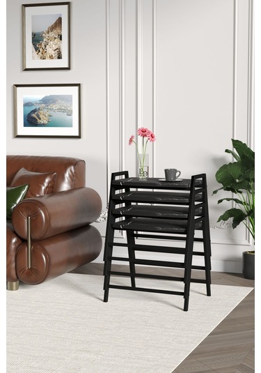 Zigon Sehpa , Aden 4'lü Tepsi Zigon Sehpa Takımı Siyah Metal - Siyah Mermer Tabla Siyah-siyah Mermer