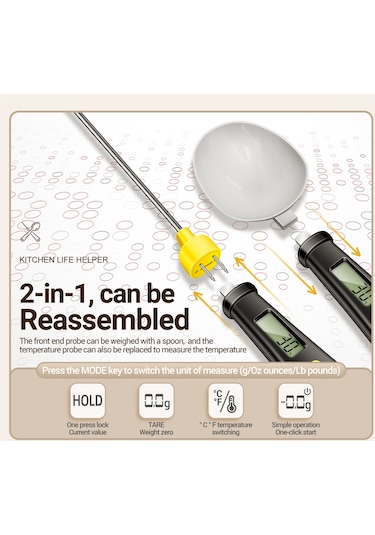 Aneng 2'si 1 Arada Abs + Paslanmaz Çelik Dijital Ekran Elektronik Mutfak Termometresi Gıda Ağırlığı Ölçme Kaşığı - Siyah
