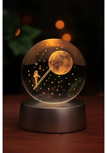 Ledli Usb'li Plastik Standlı Merdivenle Aya Çıkan Astronot Temalı Küre Renkli Rgb 3d Oda Gece Lamba Çok Renkli