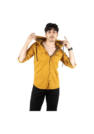 Deepsea Erkek Hardal Sarısı Kapüşonlu Slim Fit Dar Kesim Gömlek Likralı Pamuklu Likralı Kot Gömlek 2300396 Hardal Sarısı