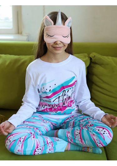 Miko Yumi Kız Çocukları İçin Pamuklu Pantolonlu Pijama 177620358 Mavi Buz