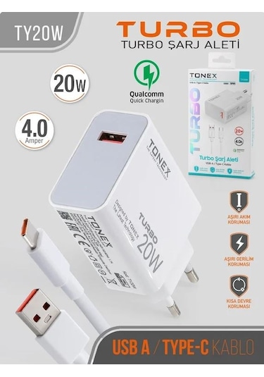 Tonex 20w 4.0a Usb To Type-c Turbo Şarj Başlığı+kablolu Şarj Aleti - Ty20w