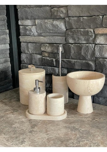 Yeni Model Traverten 6'lıbanyo Seti Ayaklı Kase Havluluklu Takım Beyaz