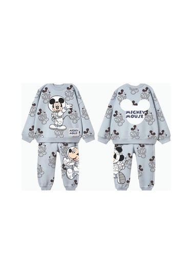 Kız Erkek Çocuk Unisex Astronot Mickey Baskılı Disney Alt Üst Takım Eşofman Takımı Gri
