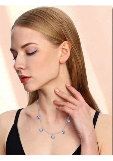 Nazar Gözlü Sallantılı Safir - Firuze Kadın Gümüş Kolye