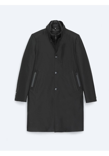 Siyah Regular Fit Kruvaze Yaka Casual Dokuma Pardesü Siyah