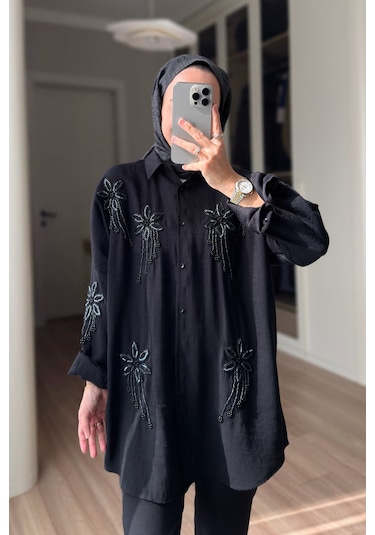 Kahijab Stella Boncuk İşlemeli Gömlek - Siyah