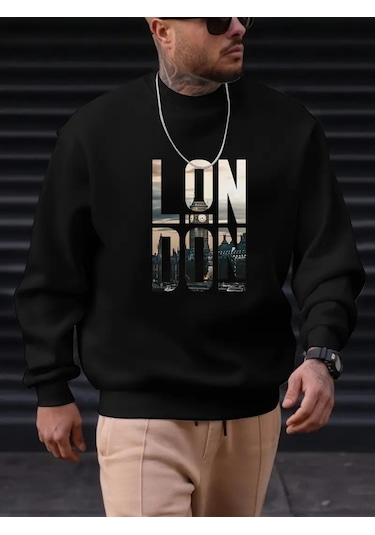 Erkek Uzun Kollu Bisiklet Yaka London Logo Baskılı Iki Iplik Bluz Siyah