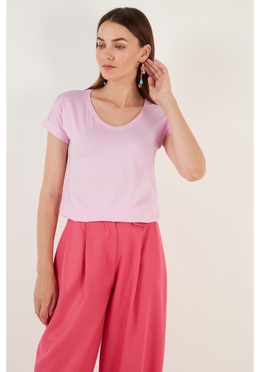 Lela V Yaka Rahat Kesim Yırtmaçlı Bayan Bluz 5862000 Toz Pembe