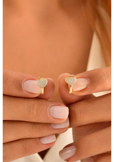 Moom Mücevherat Kadın 14 Ayar Altın Küpe Minimalist Zirkon Taşlı Kalp Temalı Halka Altın Küpe 12 Mm