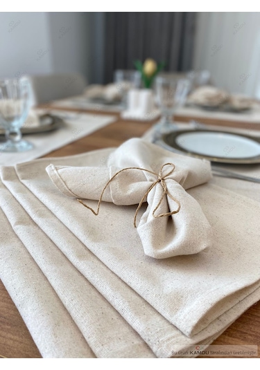 30x30cm 4 Adet %100 Pamuk Ham Keten Servis Peçetesi, Sunum Peçetesi Bej