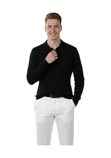 Deepsea Erkek Siyah Polo Yaka Fitilli Triko Kazak %100 Pamuk, Esnek Dokulu, Modern Kalıp 2605305 Siyah