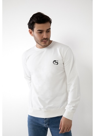 Cozyness Kapüşonsuz Baskılı Erkek Sweatshirt Beyaz