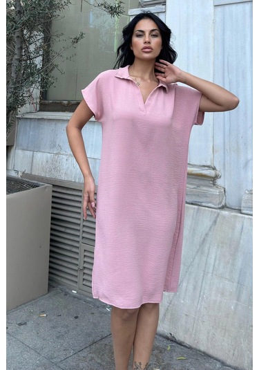 Pudra Airobin Dokulu Rahat Midi Elbise Pudra