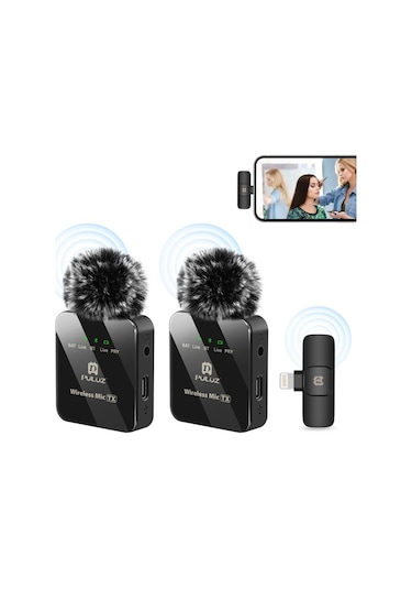 Puluz İphone / İpad İçin Kablosuz Lavalier Mikrofon, 8 Pimli Alıcı Ve Çift Mikrofonlar Siyah