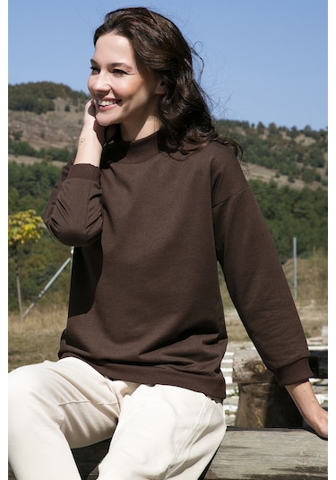 Lela Pamuklu Dik Yaka Basic Örme Bayan Sweat 5863323 Kahve
