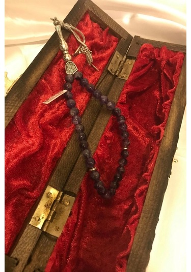 Ametist Tespih Doğal Taş Tesbih Gümüş İmameli Ahşap Kutulu Çok Renkli