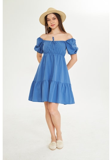Kutaf Beli Lastikli Buzgulu Poplin Elbise Orta Mavi