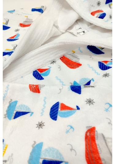 Sea Ship Dijital Baskılı Çocuk Bornozu Mavi - Beyaz