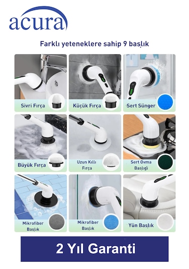 Ac-100 Spinscrubber 9 Başlıklı Şarjlı Temizlik Fırçası