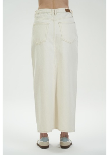 Ekru Yüksek Bel Yırtmaçlı Maxi Jean Etek C 4532-058 Ekru