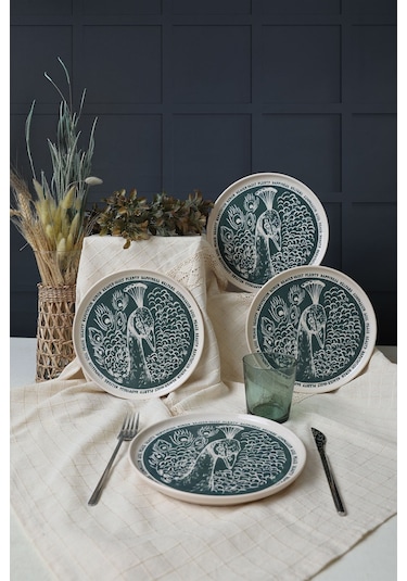 Keramika Tavus Kuşu Nordıc Pasta Tabağı 22 Cm 4 Adet 23137 Yeşil