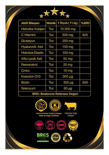 Dr. Sammy's Kolajen 10.000 Mg Tip 1-3 %100 Saf Patentli Hidrolize Sığır Kolajeni, 150mg Hyaluronik Asit, 500 Mg Vitamin C, 200 Mg Glutatyon, 25mg Resveratrol, 100 Mg Elastin, Core 15 Diyet Takviyesi