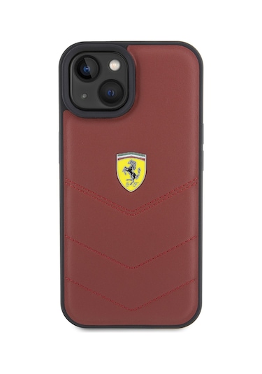 İphone Uyumlu 15 Kılıf Ferrari Lisanslı Deri Dikişli Arka Yüzey Metal Logo Tasarımlı Kapak Kırmızı