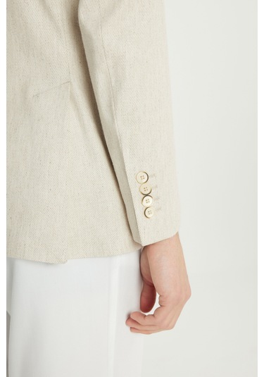 Erkek Bej Yumuşak Dokulu Keten Slim Fit Dar Kesim Mono Yaka Diagonal Desenli Ceket Bej