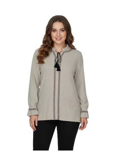 Wearon Kadın Yumoş Yaka Bağcıklı Kol Valonlu Modelli Bluz Bgl-st05141 Bej
